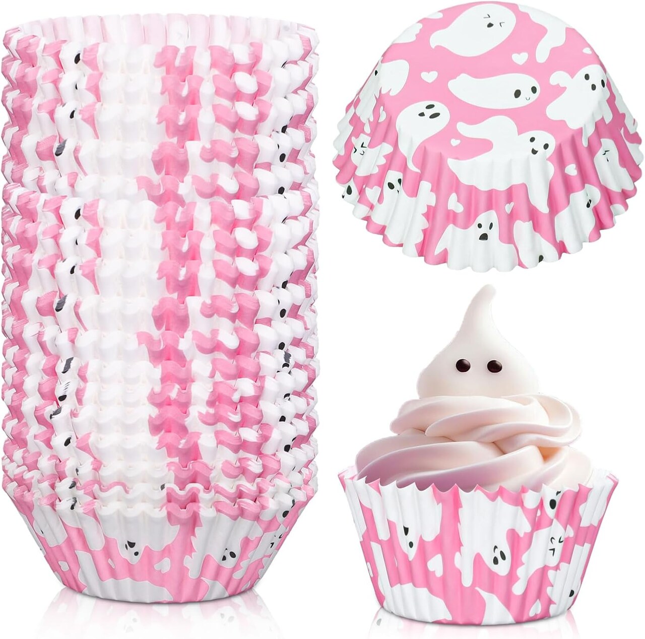 300Pcs Halloween Cupcake Liners Pink Ghost Baking Cups Wrappers Greaseproof Muffin Liners for Halloween Party Supplies